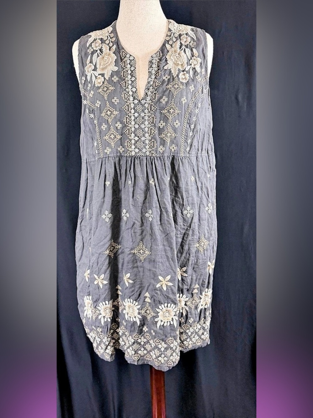 Johnny Was Dress XXL Gray Cotton Tan Embroidered Floral Bohemian Lagenlook